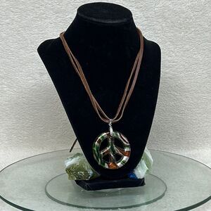 Glass Peace Symbol on a Leather String Necklace